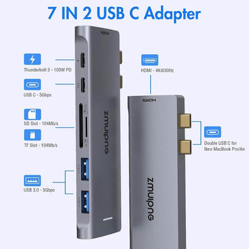 ZMUIPNG 7-in-2 USB C Hub for MacBook Air/Pro, USB-C Adapter with 4K HDMI, 2x USB3.0, Thunderbolt 3, SD/TF Card Reader (TB3) - Imported from UK